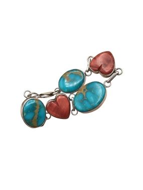Vintage Southwestern Sterling Silver Turquoise Spiny Oyster Heart Bracelet 7.5”